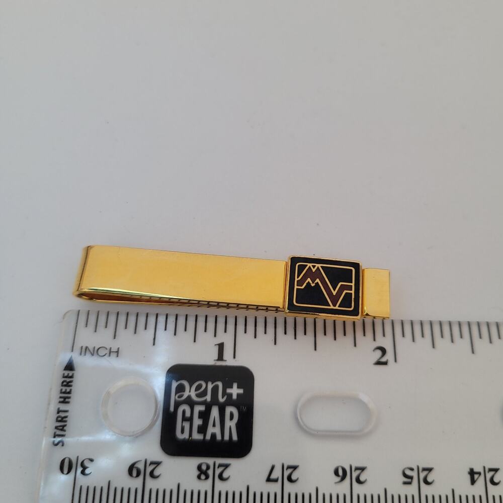 Mario Valentino MV USA Vintage Tack Tie Clasp Clip Bar Gold Black Retro Logo - Picture 6 of 6